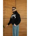 Erkek Kapüşonlu 3 İplik Şardonlu Önü Baskılı Fermuarlı Oversize Sweatshirt - Siyah