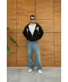 Erkek Kapüşonlu 3 İplik Şardonlu Önü Baskılı Fermuarlı Oversize Sweatshirt - Siyah