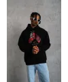 Erkek Kapüşonlu Cepli Box Eldiven Baskılı 3 İplik Sweatshirt Hoodie - Siyah