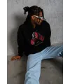Erkek Kapüşonlu Cepli Box Eldiven Baskılı 3 İplik Sweatshirt Hoodie - Siyah