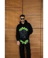 Erkek Kapüşonlu Eşofman Takım Örümcek Ağı ve Neon Yeşil Baskılı Kanguru cepli - Siyah