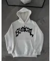 Erkek Kapüşonlu Kanguru Cepli Sweatshirt 3 İplik Pamuklu Baskılı Hoodie - Beyaz