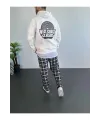 Erkek Kapüşonlu Kanguru Cepli Sweatshirt 3 İplik Pamuklu Baskılı Hoodie - Beyaz