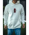 Erkek Kapüşonlu Kanguru Cepli Sweatshirt 3 İplik Pamuklu Baskılı Hoodie -  Beyaz