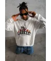 Erkek Kapüşonlu Kanguru Cepli Sweatshirt 3 İplik Pamuklu Baskılı Hoodie - Beyaz
