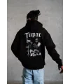 Erkek Kapüşonlu Kanguru Cepli Sweatshirt 3 İplik Pamuklu Baskılı Hoodie - Siyah