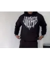 Erkek Kapüşonlu Kanguru Cepli Sweatshirt 3 İplik Pamuklu Baskılı Hoodie -  Siyah