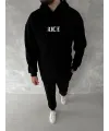 Erkek Kapüşonlu Kanguru Cepli Sweatshirt 3 İplik Pamuklu Baskılı Hoodie -  Siyah