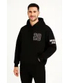 Erkek Kapüşonlu Kanguru Cepli Sweatshirt 3 İplik Pamuklu Baskılı Hoodie - Siyah