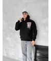 Erkek Kapüşonlu Kanguru Cepli Sweatshirt 3 İplik Pamuklu Baskılı Hoodie - Siyah