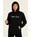Erkek Kapüşonlu Kanguru Cepli Sweatshirt 3 İplik Pamuklu Baskılı Hoodie - Siyah