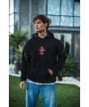 Erkek Kapüşonlu Kanguru Cepli Sweatshirt 3 İplik Pamuklu Baskılı Hoodie -  Siyah