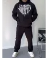 Erkek Kapüşonlu Kanguru Cepli Sweatshirt 3 İplik Pamuklu Baskılı Hoodie -  Siyah
