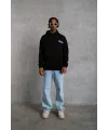 Erkek Kapüşonlu Kanguru Cepli Sweatshirt 3 İplik Pamuklu Baskılı Hoodie - Siyah