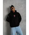 Erkek Kapüşonlu Kanguru Cepli Sweatshirt 3 İplik Pamuklu Baskılı Hoodie - Siyah