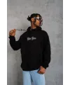 Erkek Kapüşonlu Kanguru Cepli Sweatshirt 3 İplik Pamuklu Baskılı Hoodie - Siyah