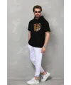 Erkek Kapüşonlu Kısa Kol Oversize Baskılı T-Shirt - Siyah