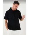 Erkek Kapüşonlu Tişört Kısa Kol Düz Oversize T-shirt - Siyah