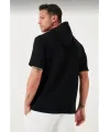 Erkek Kapüşonlu Tişört Kısa Kol Düz Oversize T-shirt - Siyah