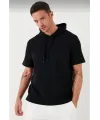 Erkek Kapüşonlu Tişört Kısa Kol Düz Oversize T-shirt - Siyah