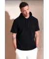Erkek Kapüşonlu Tişört Kısa Kol Düz Oversize T-shirt - Siyah