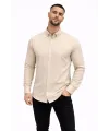 Erkek KETEN Kumaş Oversize Uzun Kollu Rahat Kalıp Gömlek - Bej