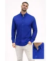 Erkek KETEN Kumaş Oversize Uzun Kollu Rahat Kalıp Gömlek - Saks Mavisi