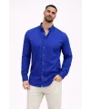 Erkek KETEN Kumaş Oversize Uzun Kollu Rahat Kalıp Gömlek - Saks Mavisi