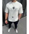 Erkek Kısa Kol Tişört Bisiklet Yaka GÜL Baskılı Oversize T-Shirt - Beyaz