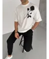 Erkek Kısa Kol Tişört Bisiklet Yaka GÜL Baskılı Oversize T-Shirt - Beyaz