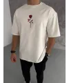 Erkek Kısa Kol Tişört Bisiklet Yaka GÜL Baskılı Oversize T-Shirt - Beyaz