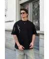 Erkek Kısa Kol Tişört Bisiklet Yaka Yıldırım Baskılı Oversize T-Shirt - Siyah