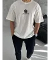 Erkek Kısa Kol Tişört Bisiklet Yaka YONCA Baskılı Oversize T-Shirt -  Beyaz