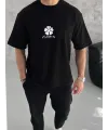 Erkek Kısa Kol Tişört Bisiklet Yaka YONCA Baskılı Oversize T-Shirt - Siyah