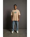 Erkek Kısa Kol Yazlık Tişört Bisiklet Yaka Baskılı Oversize T-Shirt - Bej
