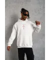 Erkek Kordonlu Arka Maske Kordon Saçlı Kapüşonlu sweatshirt hoodie - Beyaz