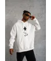 Erkek Nihilist Penguen Baskılı 3 İplik Pamuklu Kapüşonlu Sweatshirt Hoodie Beyaz