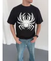 Erkek Örümcek Baskılı Tişört Kısa Kollu Bisiklet Yaka T-Shirt - Siyah