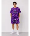 Erkek Oversize Kalıp Pubg Bape X Shark Nakışlı Cepli Şort Takım - Mor