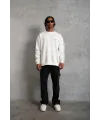 Erkek Oversize Sweatshirt Ön ve Sırt Baskılı 3 İplik Pamuklu - Beyaz
