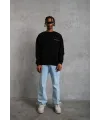 Erkek Oversize Sweatshirt Ön ve Sırt Baskılı 3 İplik Pamuklu - Siyah