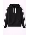 Erkek Şeritli Kapüşonlu Sweatshirt Oversize 3 iplik Pamuklu Hoodei - Siyah