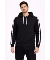 Erkek Şeritli Kapüşonlu Sweatshirt Oversize 3 iplik Pamuklu Hoodei - Siyah