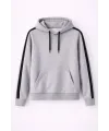 Erkek Şeritli Kapüşonlu Sweatshirt Oversize 3 iplik Pamuklu Hoodie - Gri
