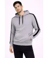Erkek Şeritli Kapüşonlu Sweatshirt Oversize 3 iplik Pamuklu Hoodie - Gri