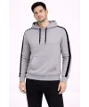 Erkek Şeritli Kapüşonlu Sweatshirt Oversize 3 iplik Pamuklu Hoodie - Gri
