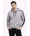 Erkek Şeritli Kapüşonlu Sweatshirt Oversize 3 iplik Pamuklu Hoodie - Gri