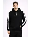 Erkek Şeritli Kapüşonlu Sweatshirt Oversize 3 iplik Pamuklu Hoodie - Siyah