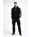 Erkek Şeritli Kapüşonlu Sweatshirt Oversize 3 iplik Pamuklu Hoodie - Siyah