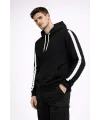Erkek Şeritli Kapüşonlu Sweatshirt Oversize 3 iplik Pamuklu Hoodie - Siyah